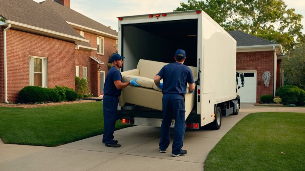 Two-person crew loading a sofa into the truck during a cleanout