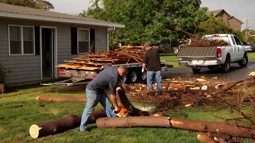 Storm limbs and fence panels stacked for pickup